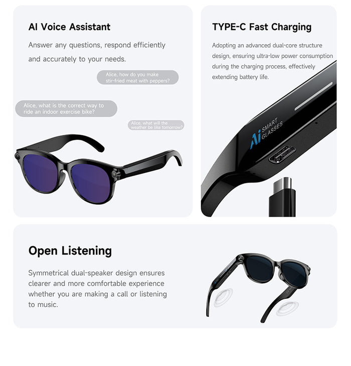 AI Smart Glasses – Built-In Camera, Open-Ear Audio & AI Assistant, Bluetooth, Black/White