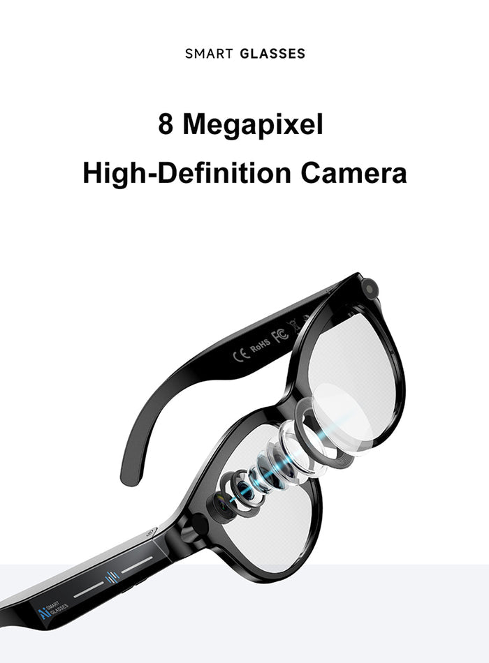 AI Smart Glasses – Built-In Camera, Open-Ear Audio & AI Assistant, Bluetooth, Black/White