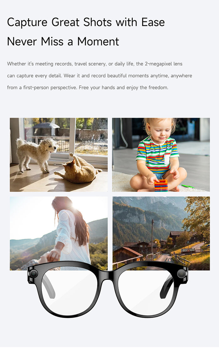 AI Smart Glasses – Built-In Camera, Open-Ear Audio & AI Assistant, Bluetooth, Black/White