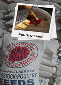 Sack of AMC Brand poultry feed with a rooster in the corner