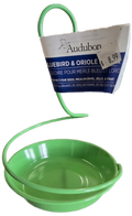 Green metal bird feeder with a curved hook on a white background