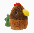 A plush chicken toy with brown fluffy fur, a bright yellow beak, a red comb, and a green tail, shown on a plain white background.