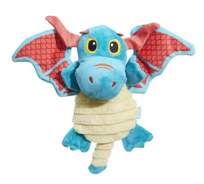 Plush dragon dog toy on a white background.