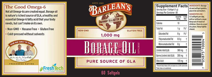 Barlean's Organic Oils Borage Oil 1000 mg Softgels Label