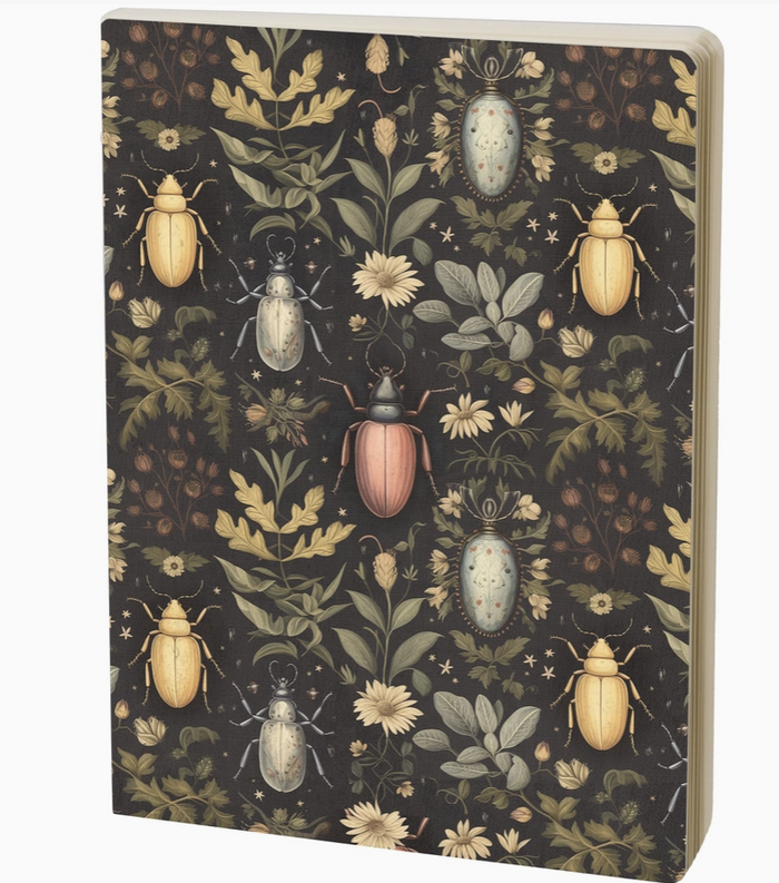 A notebook with a dark brown cover featuring a vintage-style botanical and insect pattern of beetles, flowers, and leaves in muted green, beige, and pink tones.