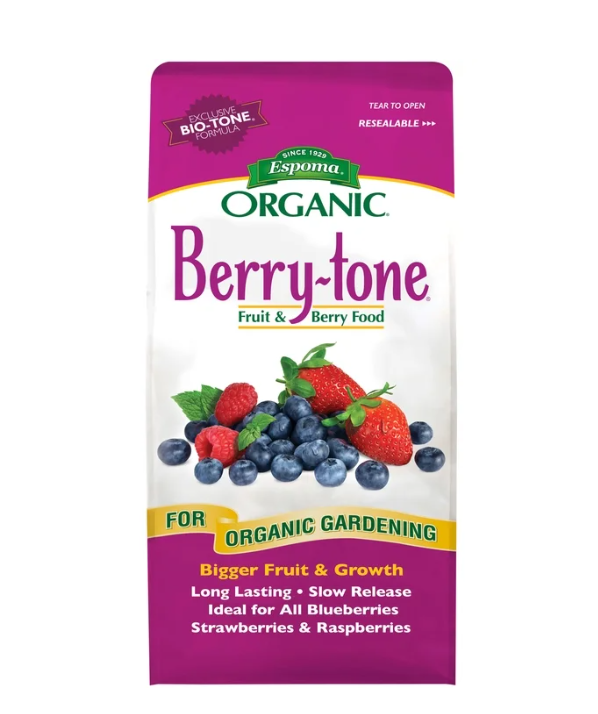 Espoma Organic Berry-tone fruit and berry food packaging on a white background