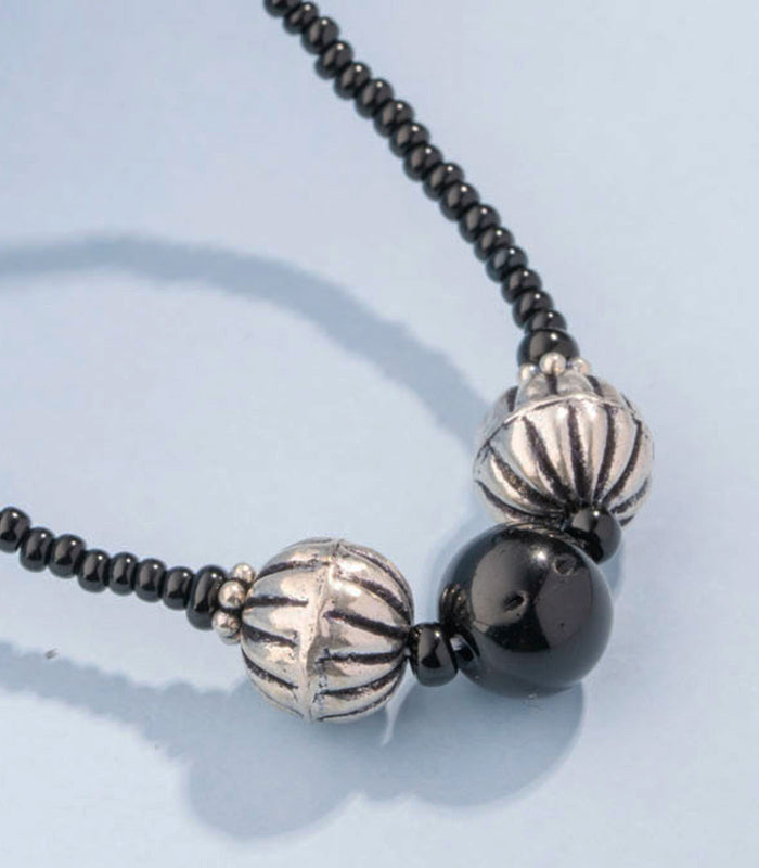 Black Bead Dual Orb Antique Mangalsutra (Silver)