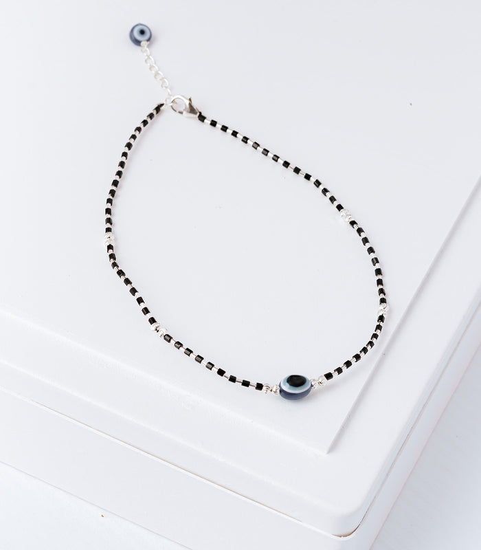 Black Beads Evil Eye Anklet (Silver)