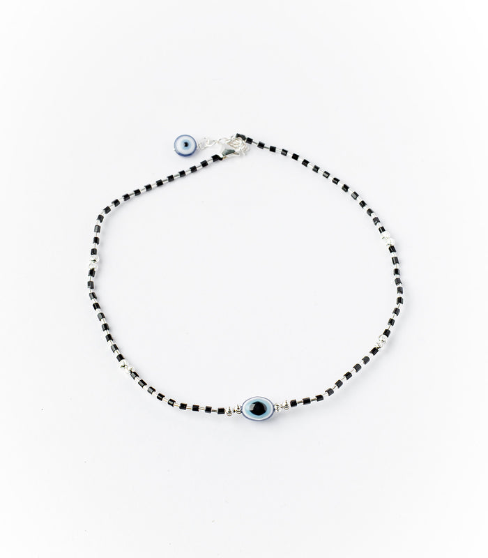 Black Beads Evil Eye Anklet (Silver)