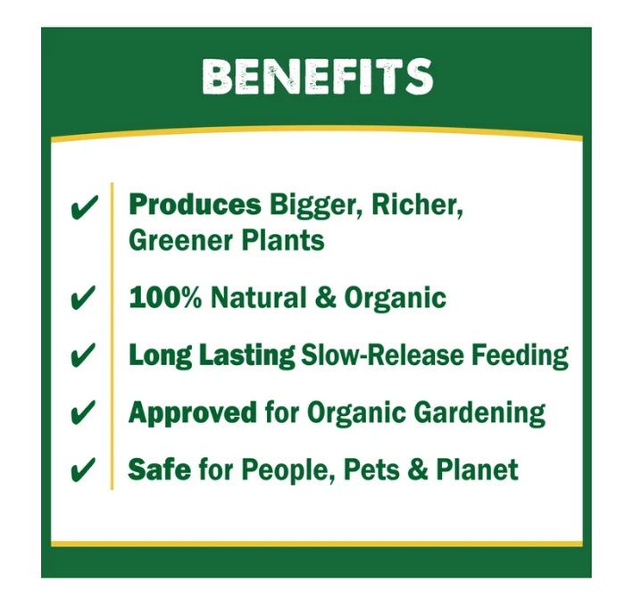 List of benefits for a product on a green and white background