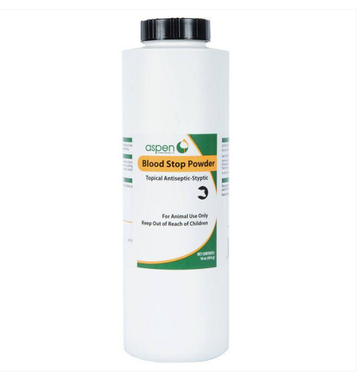 White container of Aspen Blood Stop Powder on a white background