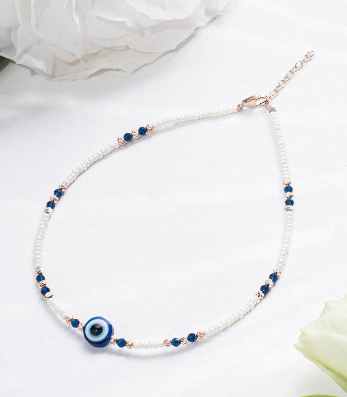 Blue Beads Evil Eye Anklet (Silver)