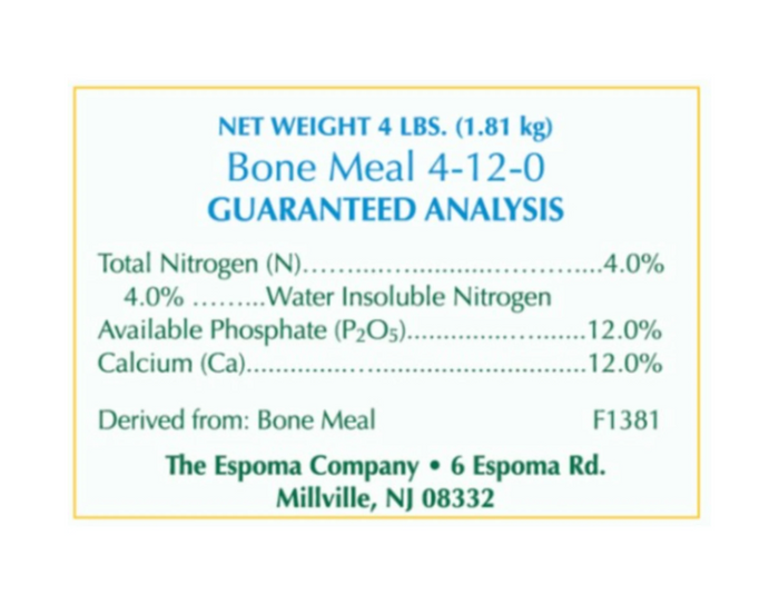 Bone Meal fertilizer label with guaranteed analysis details on a white background