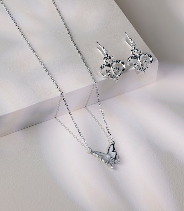 Butterfly Charm Necklace Set (Silver)