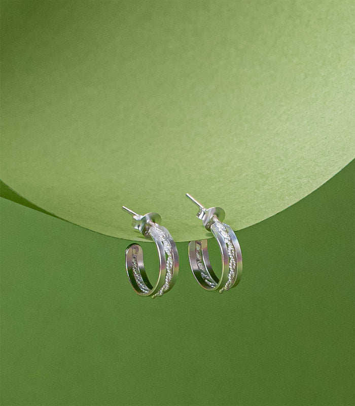 Classic Dual Textured Hoops Earrings (Silver)