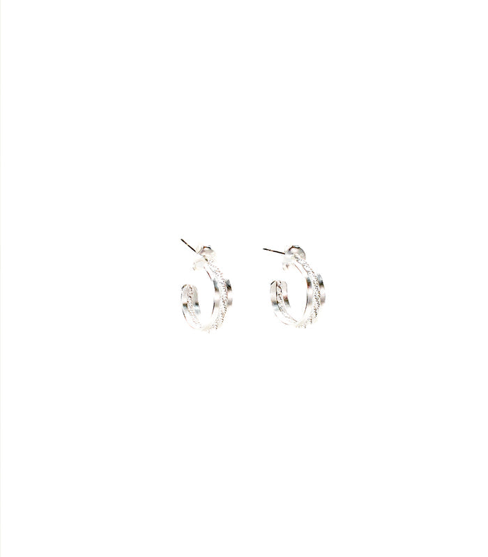 Classic Dual Textured Hoops Earrings (Silver)