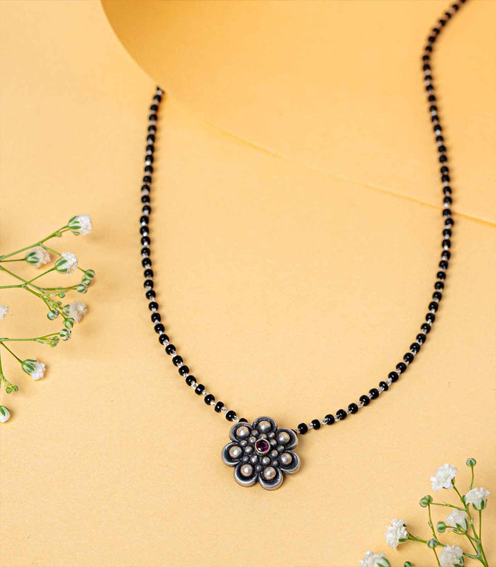 Classic Floral Stone Antique Mangalsutra (Silver)