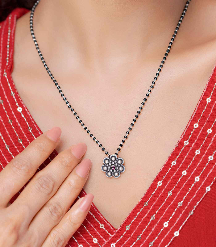 Classic Floral Stone Antique Mangalsutra (Silver)