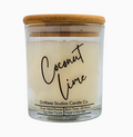 Coconut lime scented candle in a clear glass jar with bamboo lid, on a white background.