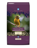 Bag of Concerto wild bird feed with a bird on a branch on a white background