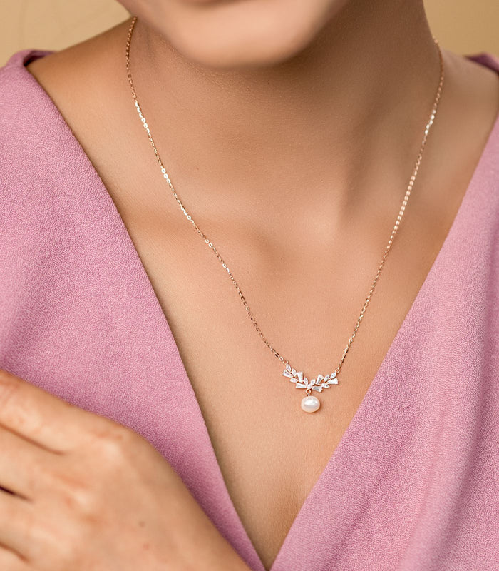 Dangling Bell And Pearl Gold Colour Necklace (Silver)