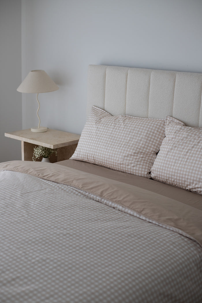 Double-Sided Waterproof Pillow Case - Beige Gingham/Solid Beige