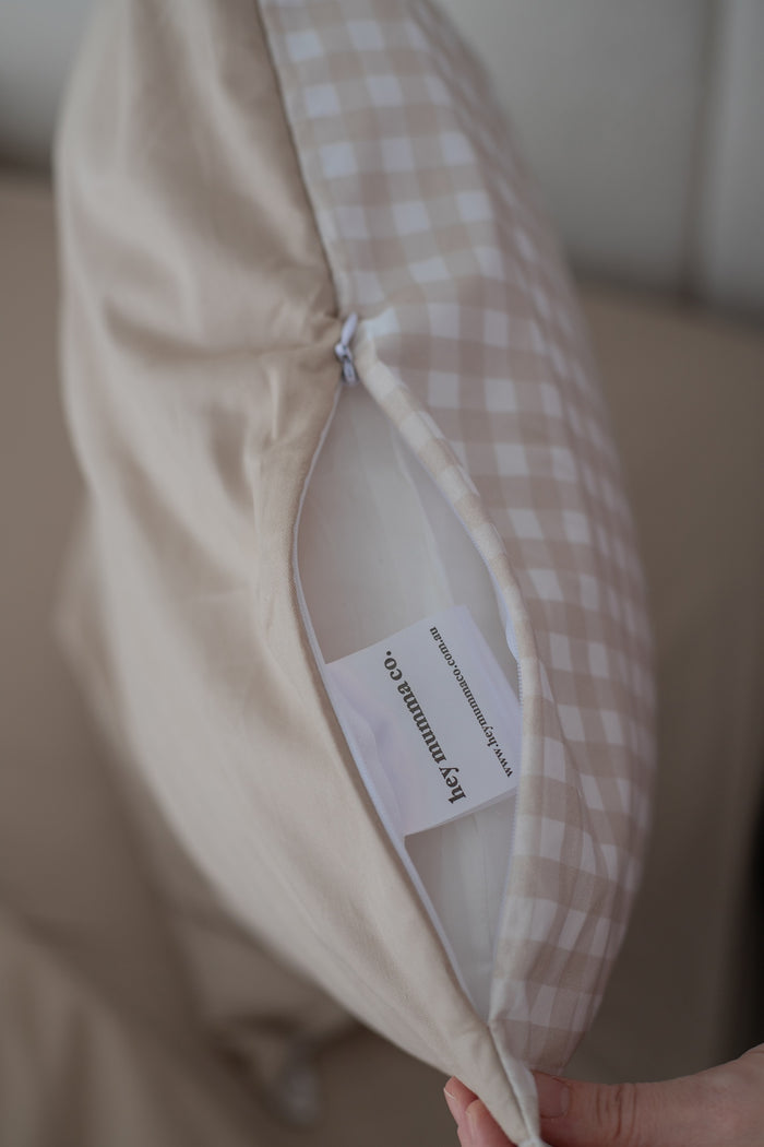 Double-Sided Waterproof Pillow Case - Beige Gingham/Solid Beige