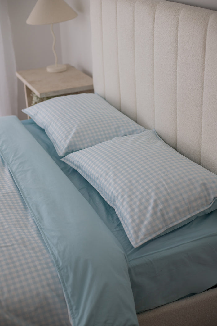 Double-Sided Waterproof Pillow Case - Blue Gingham/Solid Blue