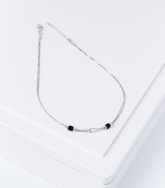 Dual Black Beads Anklet (Silver)