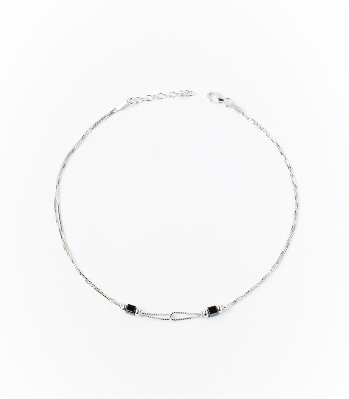 Dual Black Beads Anklet (Silver)