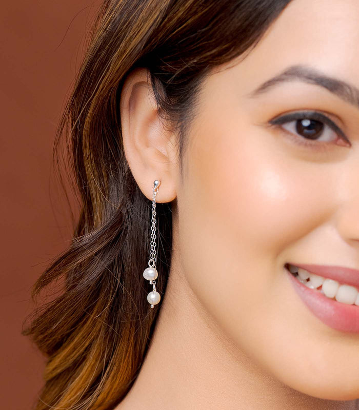 Dual Dangling Pearls Earrings (Silver)