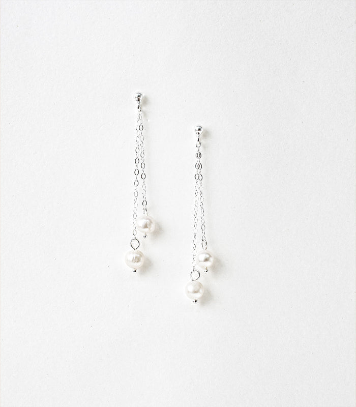 Dual Dangling Pearls Earrings (Silver)