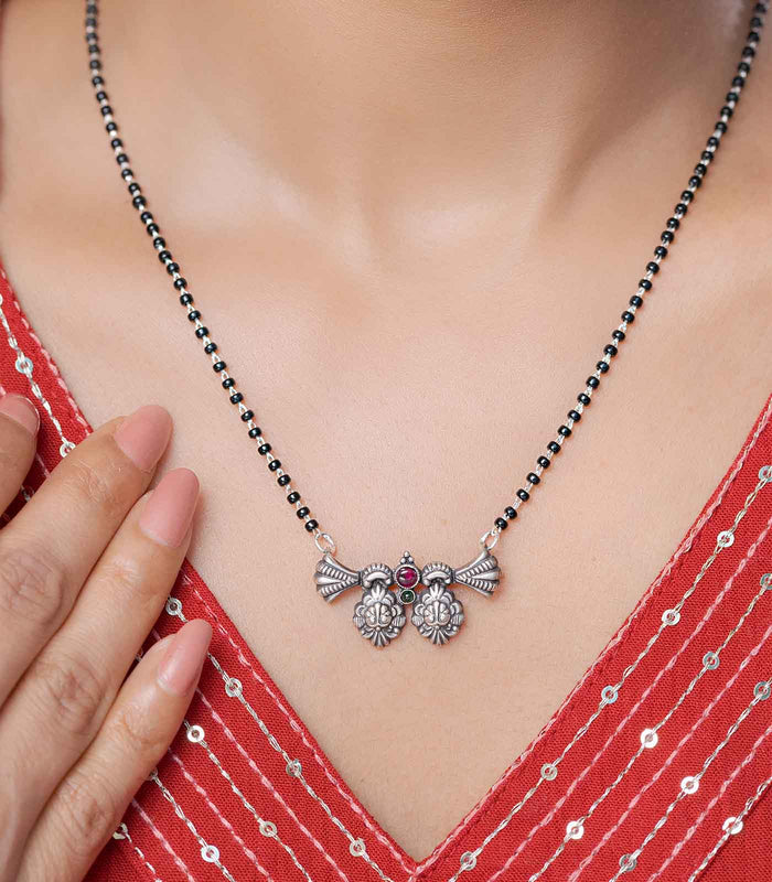 Dual Floral Multistone Antique Mangalsutra (Silver)