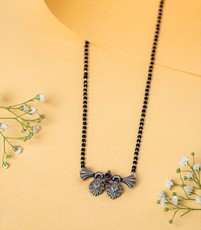 Dual Floral Multistone Antique Mangalsutra (Silver)