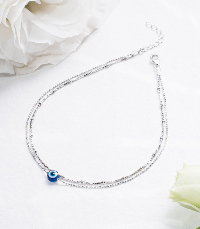 Dual Layered Evil Eye Anklet (Silver)