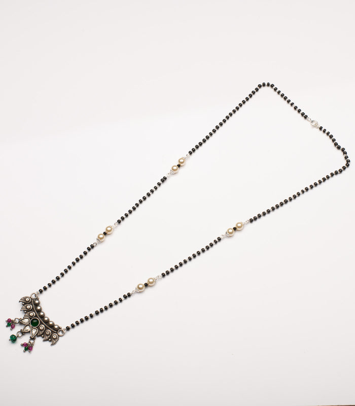Dual Stone Leaf Motif Antique Mangalsutra Set (Silver)