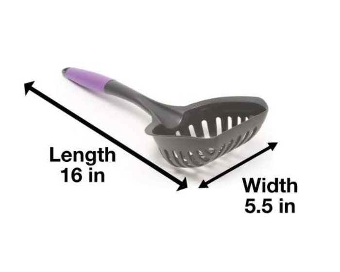 Gray pet scoop with purple handle and measurements on a white background