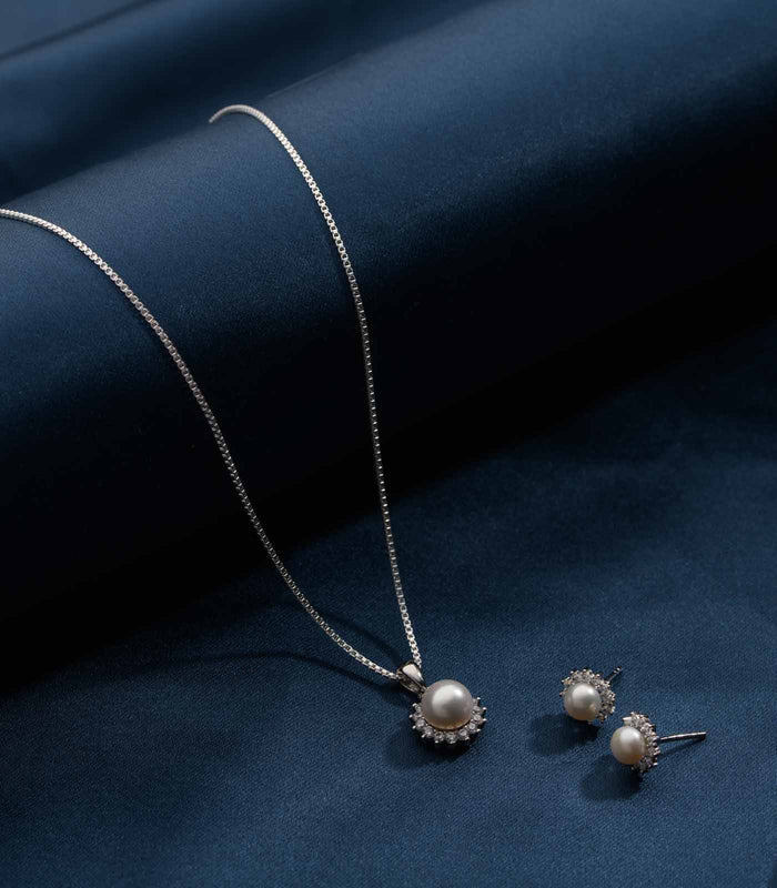 Floracion Pearl Necklace Set (Silver)