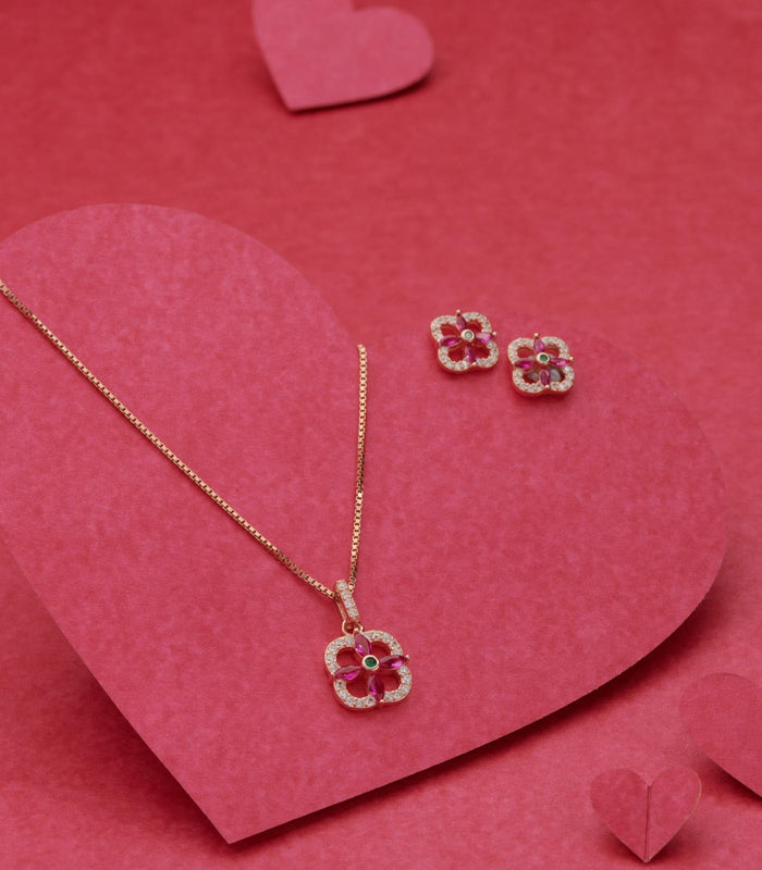 Floral Square Necklace Set (Silver)