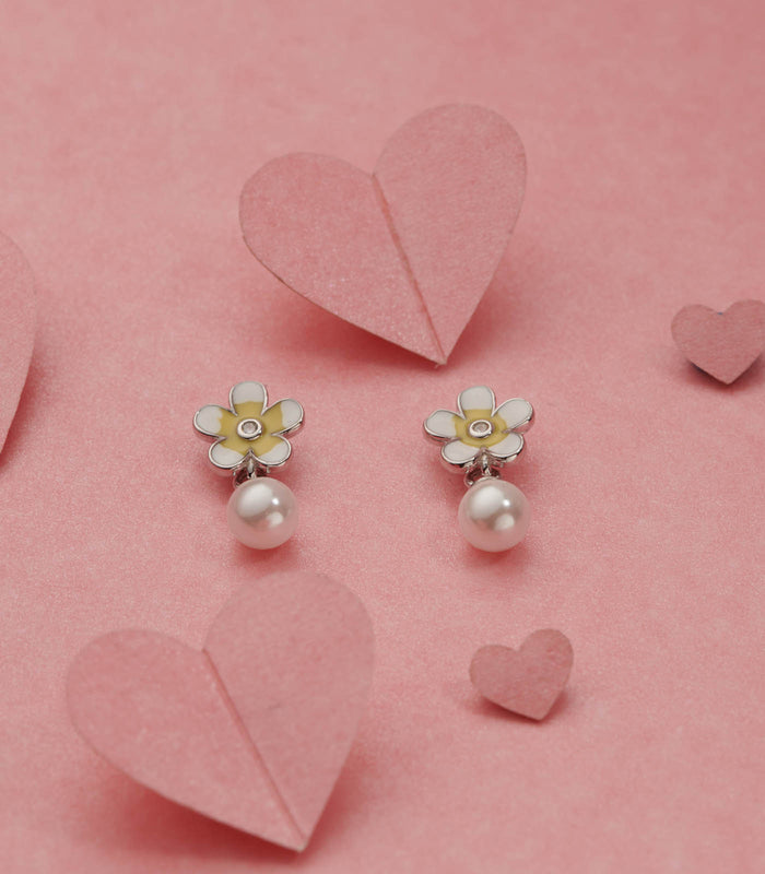 Flower And Bead Earrings (Silver)
