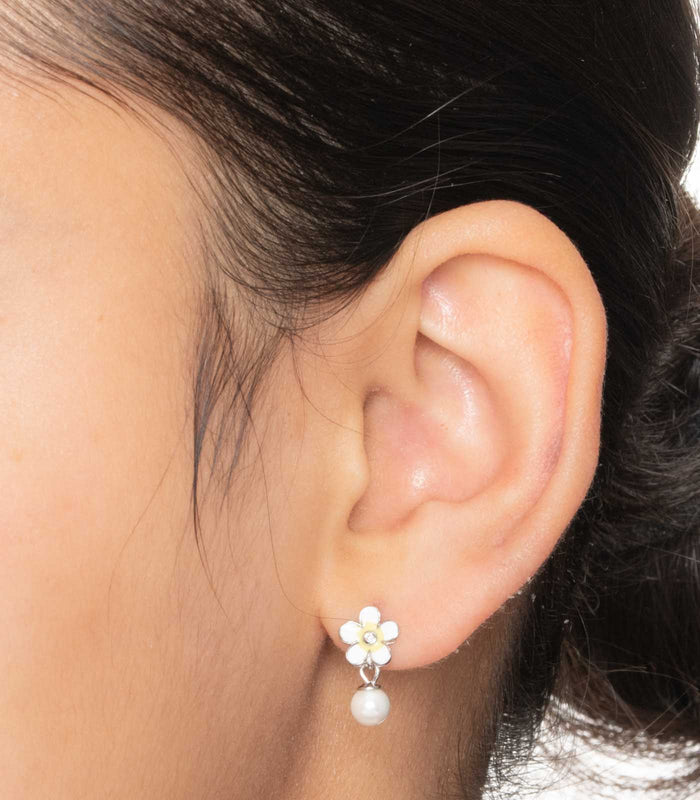 Flower And Bead Earrings (Silver)