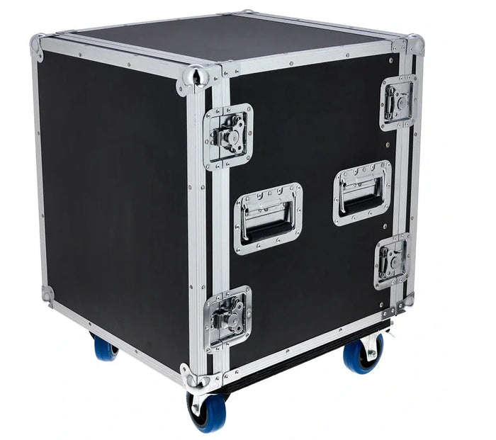 FLYHT PRO RACK 12U 19'' 45CM FLIGHT CASE 4 MANIGLIE 8 CHIUSURE RUOTE 100MM 2+2 CON FRENO