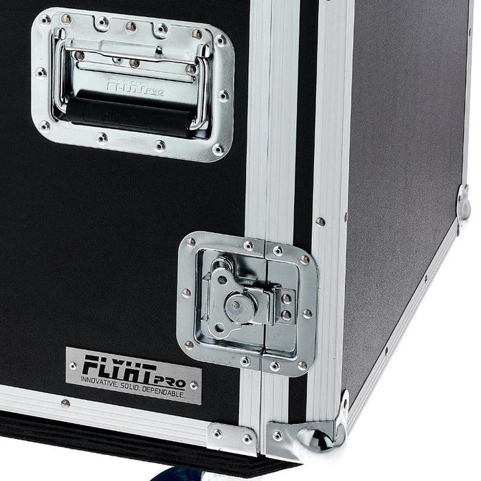 FLYHT PRO RACK 12U 19'' 45CM FLIGHT CASE 4 MANIGLIE 8 CHIUSURE RUOTE 100MM 2+2 CON FRENO