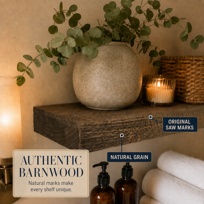 Forever Barnwood floating shelf styled in a bathroom with product details