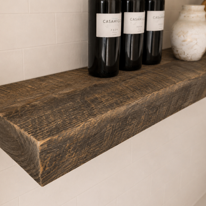 Rustic Forever Barnwood floating shelves above a wine bar