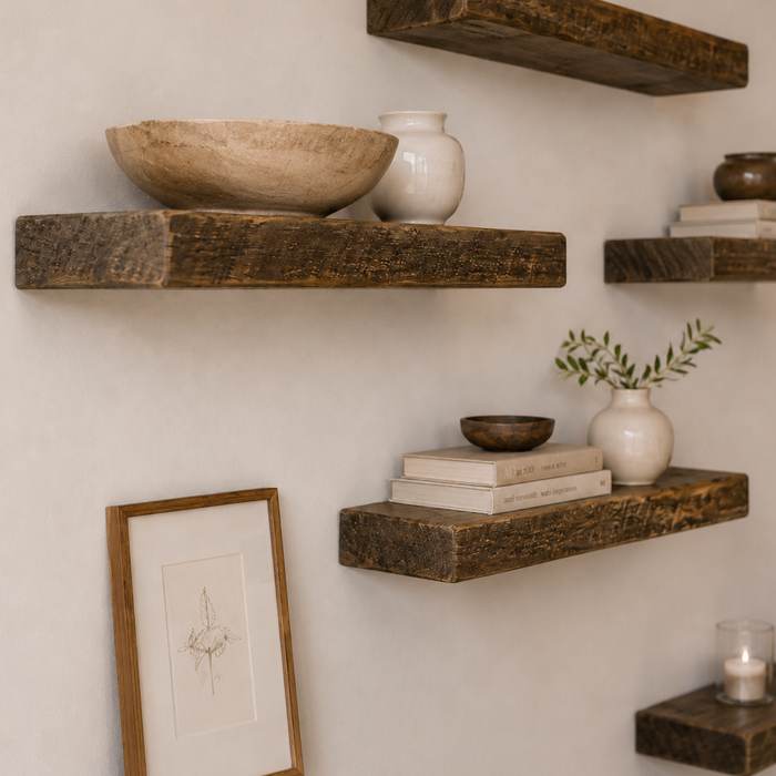 Multiple Forever Barnwood floating shelves arranged on a wall