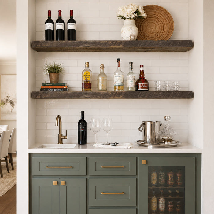 Forever Barnwood floating shelves displayed above a home wine bar