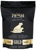 Black bag of Fromm Family Adult Gold dog food with gold text and illustrations.