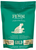 Green bag of Fromm Family Gold dog food for large breeds on a white background