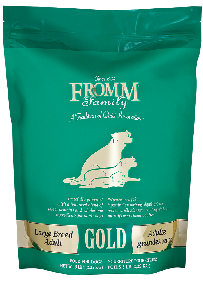 Green bag of Fromm Family Gold dog food for large breeds on a white background